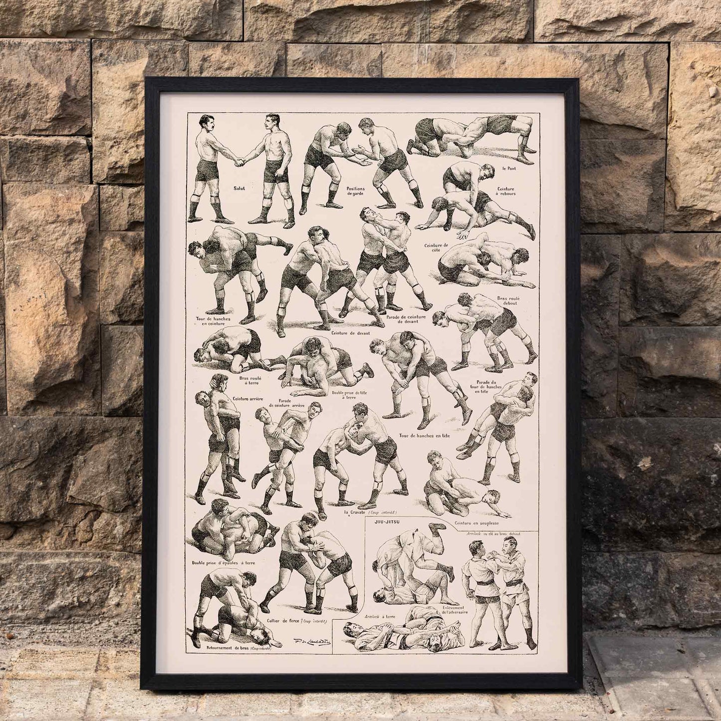Wrestling techniques illustrated by Claude Auge from Lutte in Le Larousse pour tous featuring wrestlers and poster artwork, framed and displayed in home decor