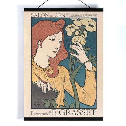 Eugène Grasset Salon des Cent poster featuring a red haired woman with flowers in cream teal and yellow Art Nouveau style, with wooden magnetic frame on white background