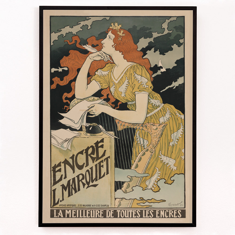 Closeup detail of Art Nouveau poster of a woman in a yellow dress with flowing red hair writing at a desk for Encre Marquet by Eugene Grasset
