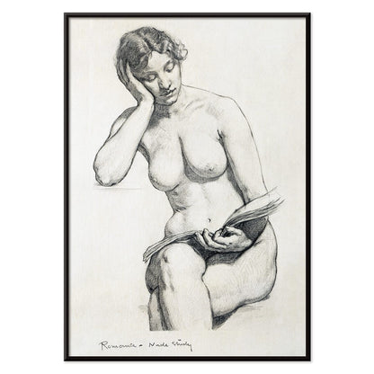 Nude Study 1896 by Kenion Cox pencil sketch of a seated nude woman reading a book contemplative expression art poster, with black aluminium frame on white background