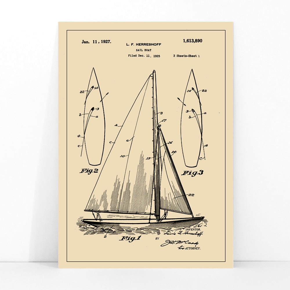 Vintage sailboat patent drawing and poster by L F Herreshoff featuring detailed technical sailboat artwork and schematics, framed and displayed in modern living room decor