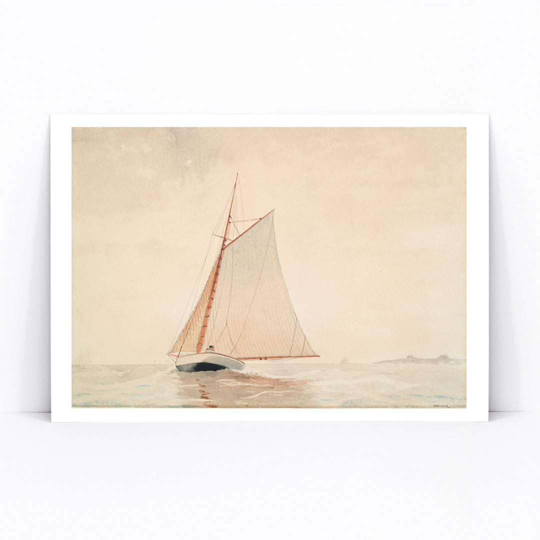 Sailboat on calm water under light sky Sailing off Gloucester by Winslow Homer wall art poster decor, framed and displayed in modern living room decor