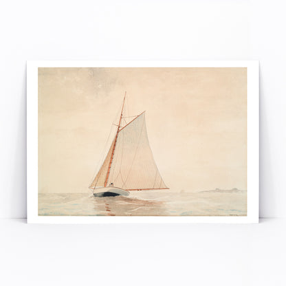 Sailboat on calm water under light sky Sailing off Gloucester by Winslow Homer wall art poster decor, framed and displayed in modern living room decor