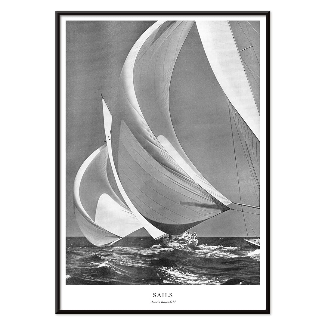 Sailing yacht with billowing sails on the open ocean by Morris Rosenfeld titled Sails poster artwork, with black aluminium frame on white background