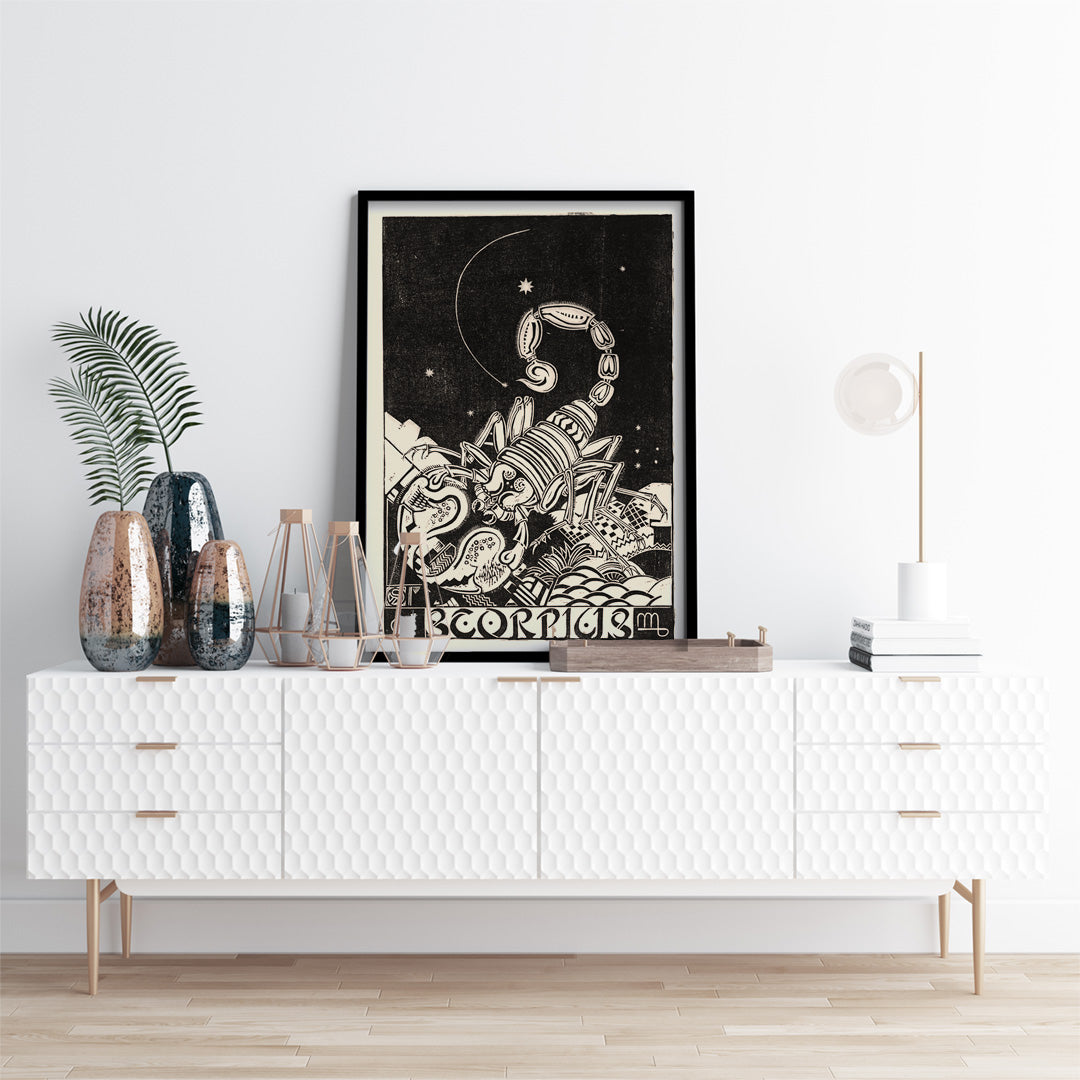 Black and white illustration of a scorpion beneath stars in Scorpius by Henri van der Stok poster artwork, framed and displayed in home decor