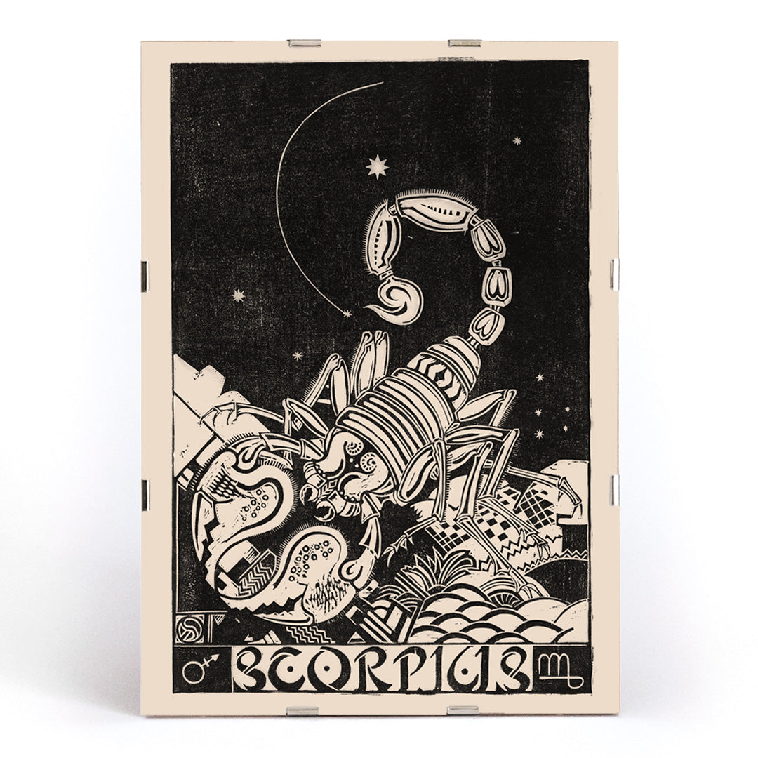 Black and white illustration of a scorpion beneath stars in Scorpius by Henri van der Stok poster artwork, framed and displayed in modern living room decor