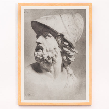 Closeup detail of Roman head with helmet by Gerrit Willem Dijsselhof realistic pencil drawing of bearded man classical sculpture artwork poster