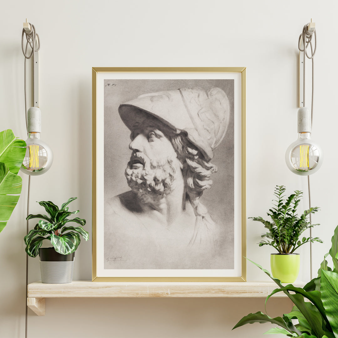 Roman head with helmet by Gerrit Willem Dijsselhof realistic pencil drawing of bearded man classical sculpture artwork poster, framed and displayed in home decor