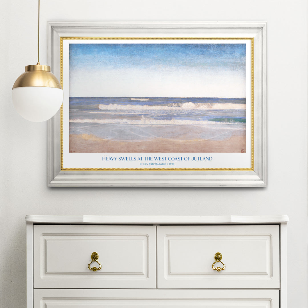 Ocean waves crashing on sandy shore painting and poster by Niels Skovgaard Heavy Swells at the West Coast of Jutland, framed and displayed in home decor