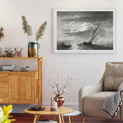 Sailboats on a moonlit sea seascape with full moon by Cornelis Ploos van Amstel poster showing sailboats on the ocean under a moonlit sky, framed and displayed in home decor