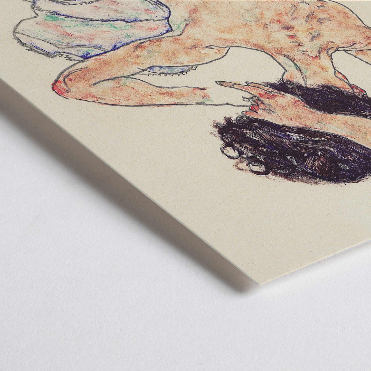 Closeup detail of Egon Schiele Seated Nude Back View poster with seated nude from behind in loose linework and muted tones