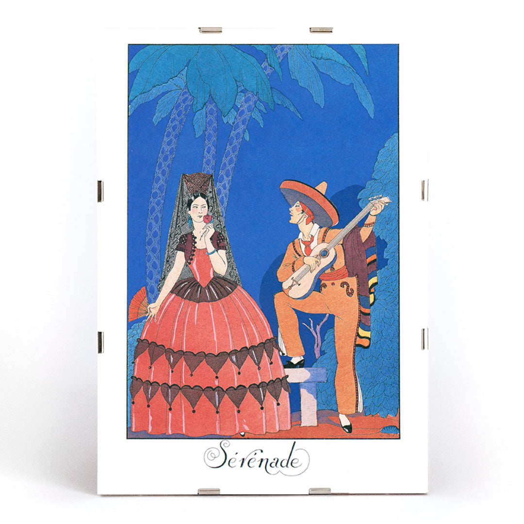 Serenade by George Barbier man playing guitar for woman in elegant or Spanish dress under palm trees romantic art poster, framed and displayed in modern living room decor