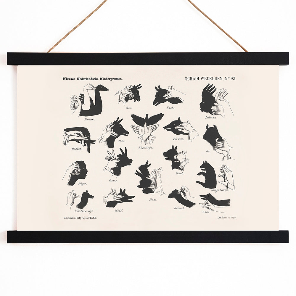 Vintage hand shadow puppet illustrations and animal shapes poster from Shadow Hands by George Lodewijk Funke artwork, with wooden magnetic frame on white background