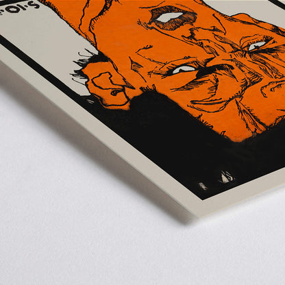 Closeup detail of Colorful abstract portrait poster by Egon Schiele titled Shaw or Irony Lecture by Egon Friedell with bold colors and text