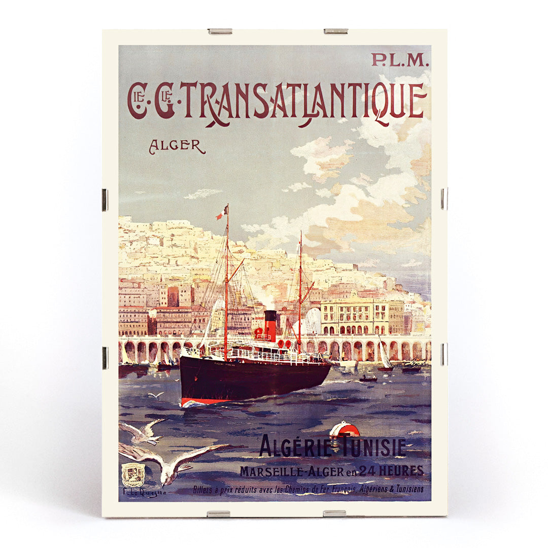 Vintage steamship in Algiers harbor with city buildings travel poster by Fernand Le Quesne Cie Cle Transatlantique, framed and displayed in modern living room decor
