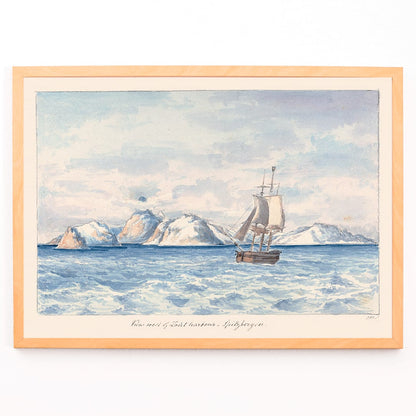 Sailing ship near snowy mountains in View West of Lout Harbour Spitzberger by Charles Hamilton Smith poster painting with sailboat and icy mountains in background, framed and displayed in modern living room decor