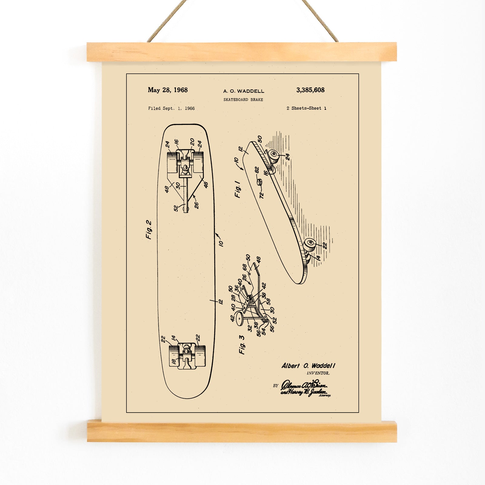Technical illustration and poster of skateboard brake concept by artist A O Waddell titled Skate Board Brake Patent featuring labeled technical drawings for wall decor, with wooden magnetic frame on white background