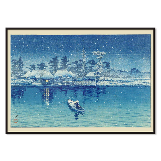 Snowy riverside village at night with boat and person by Kawase Hasui Ushibori Japanese art poster, with black aluminium frame on white background