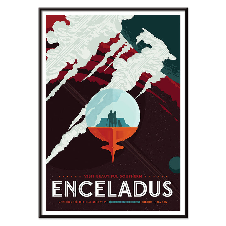 NASA retro space travel poster of Enceladus with tourists observing geysers and a futuristic space landscape, with black aluminium frame on white background