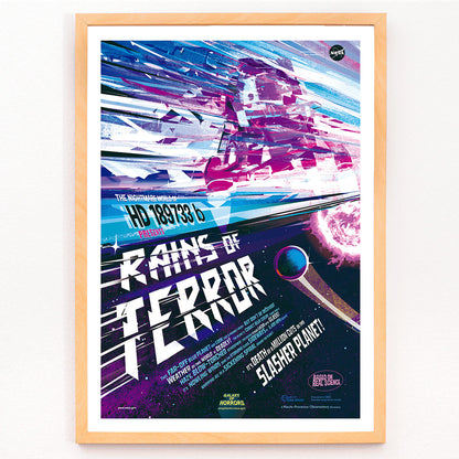 Colorful sci fi poster titled Rains of Terror by NASA featuring a dramatic alien storm scene vivid colors planets and dynamic space artwork, framed and displayed in modern living room decor