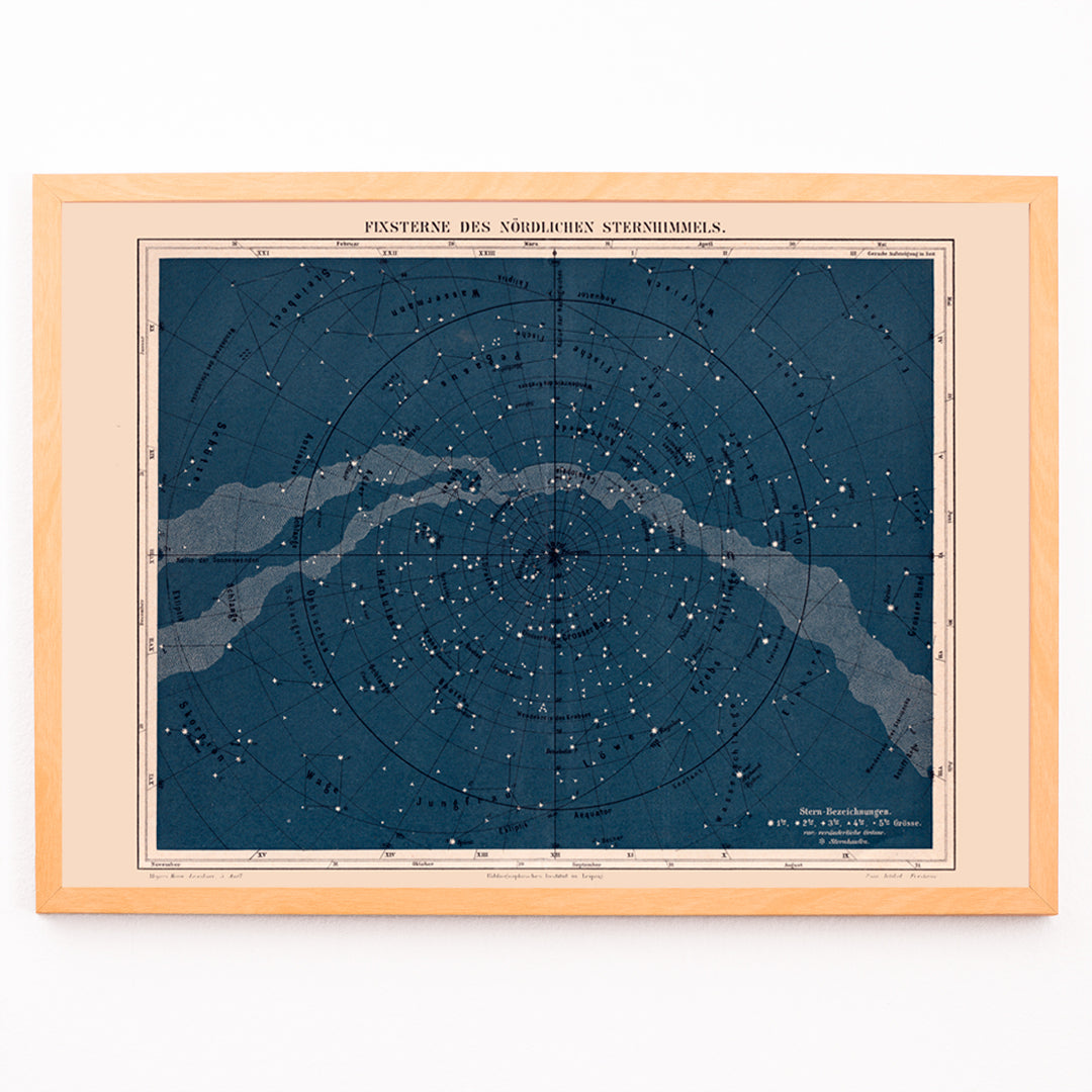 Closeup detail of Star map of the Milky Way North Hemisphere by Institute of Liepzig featuring labeled constellations and celestial features