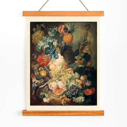 Vibrant flowers fruit and birds in classical artwork Flowers Fruit and Birds by Jan van Os poster still life, with wooden magnetic frame on white background