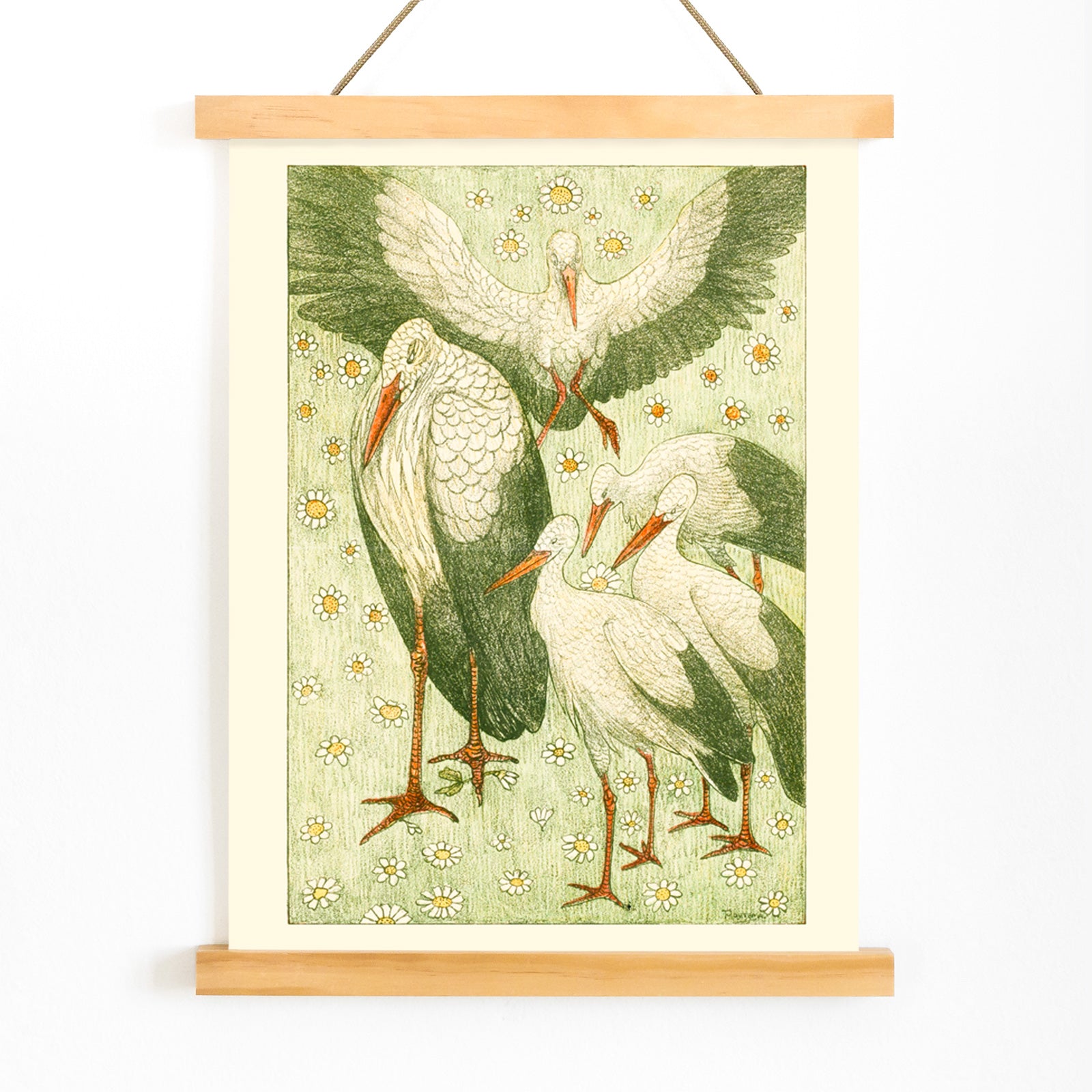 Five storks standing and flying among daisies and flowers in a meadow artwork by Theo van Hoytema poster, with wooden magnetic frame on white background