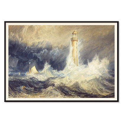 Bell Rock Lighthouse painting by Joseph Mallord William Turner showing a lighthouse in stormy seas with towering waves and a sailboat, with black aluminium frame on white background