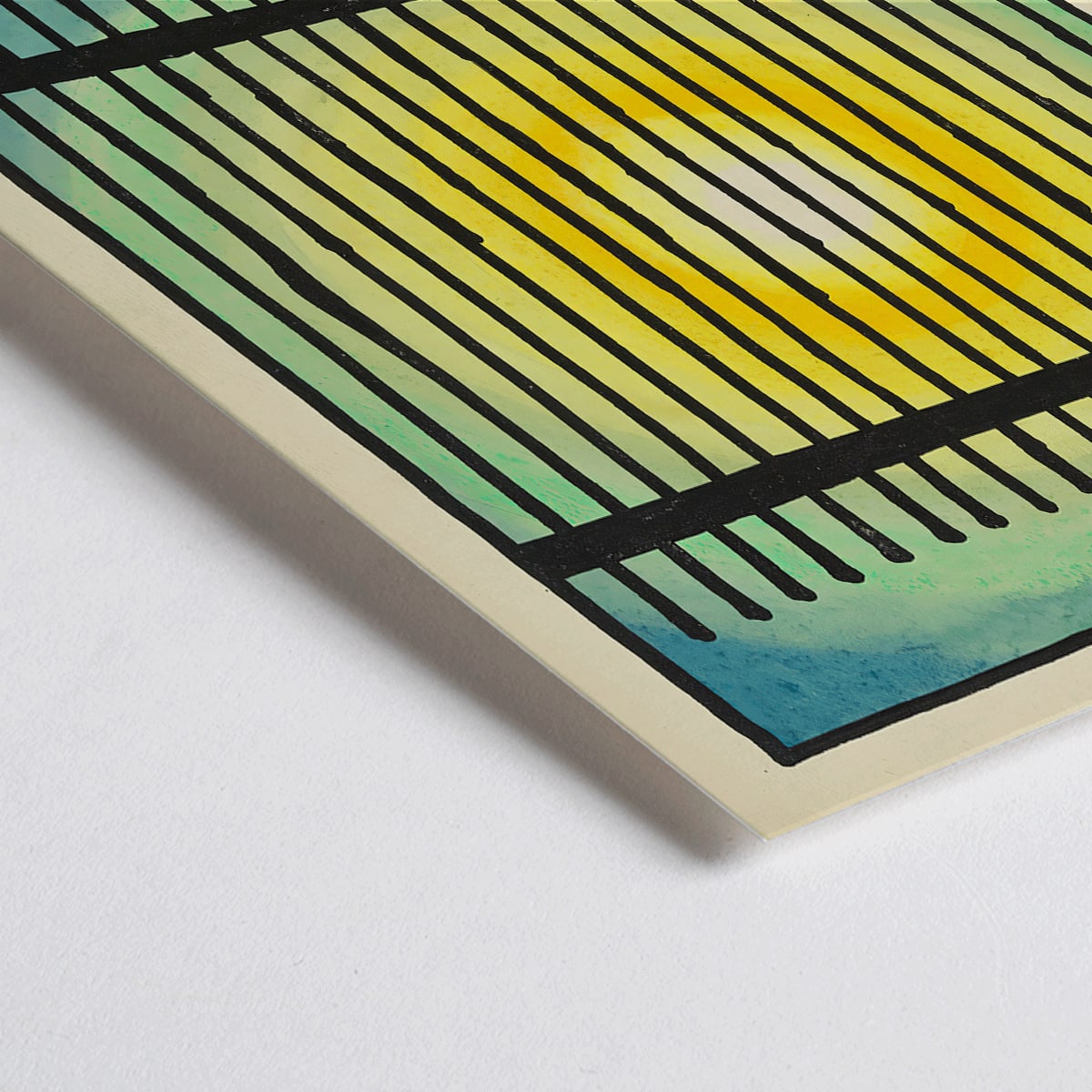 Closeup detail of Abstract sun and colorful bars with bright center in Gegenwart artwork by Karl Wiener modern decor poster