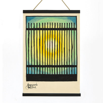 Abstract sun and colorful bars with bright center in Gegenwart artwork by Karl Wiener modern decor poster, with wooden magnetic frame on white background