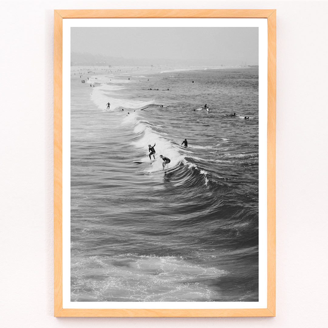 Closeup detail of Black and white surfers riding waves at Venice Beach coastal wall art poster ideal for home decor