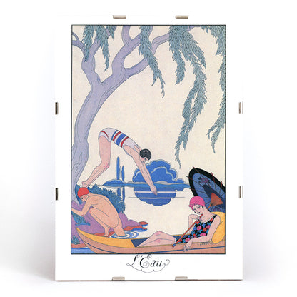 Art deco poster L Eau by George Barbier with three people in swimwear relaxing and boating by a riverside, framed and displayed in modern living room decor