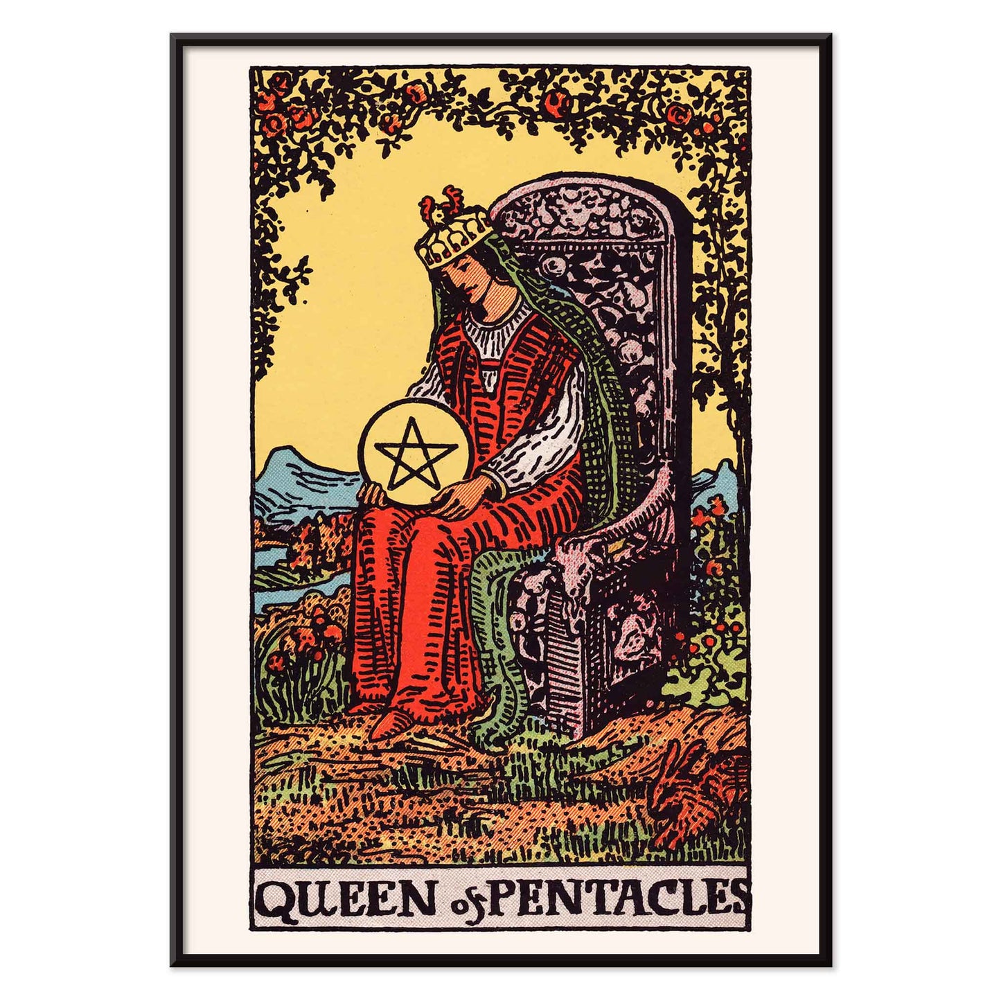 Queen of Pentacles tarot card poster by Pamela Colman Smith with crowned woman in red robes and pentacle, with black aluminium frame on white background