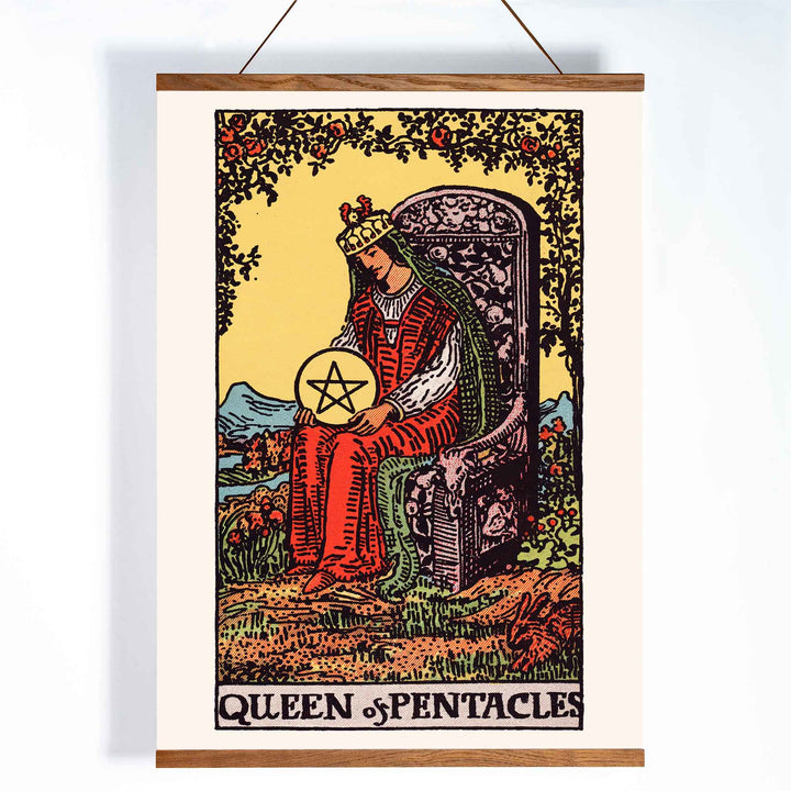 Queen of Pentacles tarot card poster by Pamela Colman Smith with crowned woman in red robes and pentacle, with wooden magnetic frame on white background