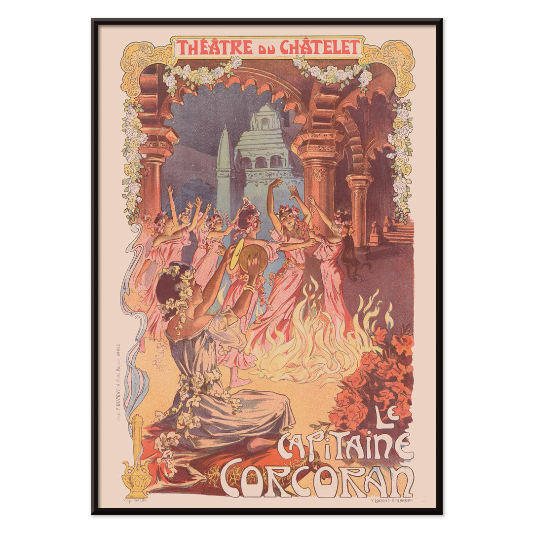 Vintage theater poster women dancing around a fire with floral decorations by Vincent Lorant-Heilbronn for Le Capitaine Corcoran at Théâtre du Châtelet, with black aluminium frame on white background