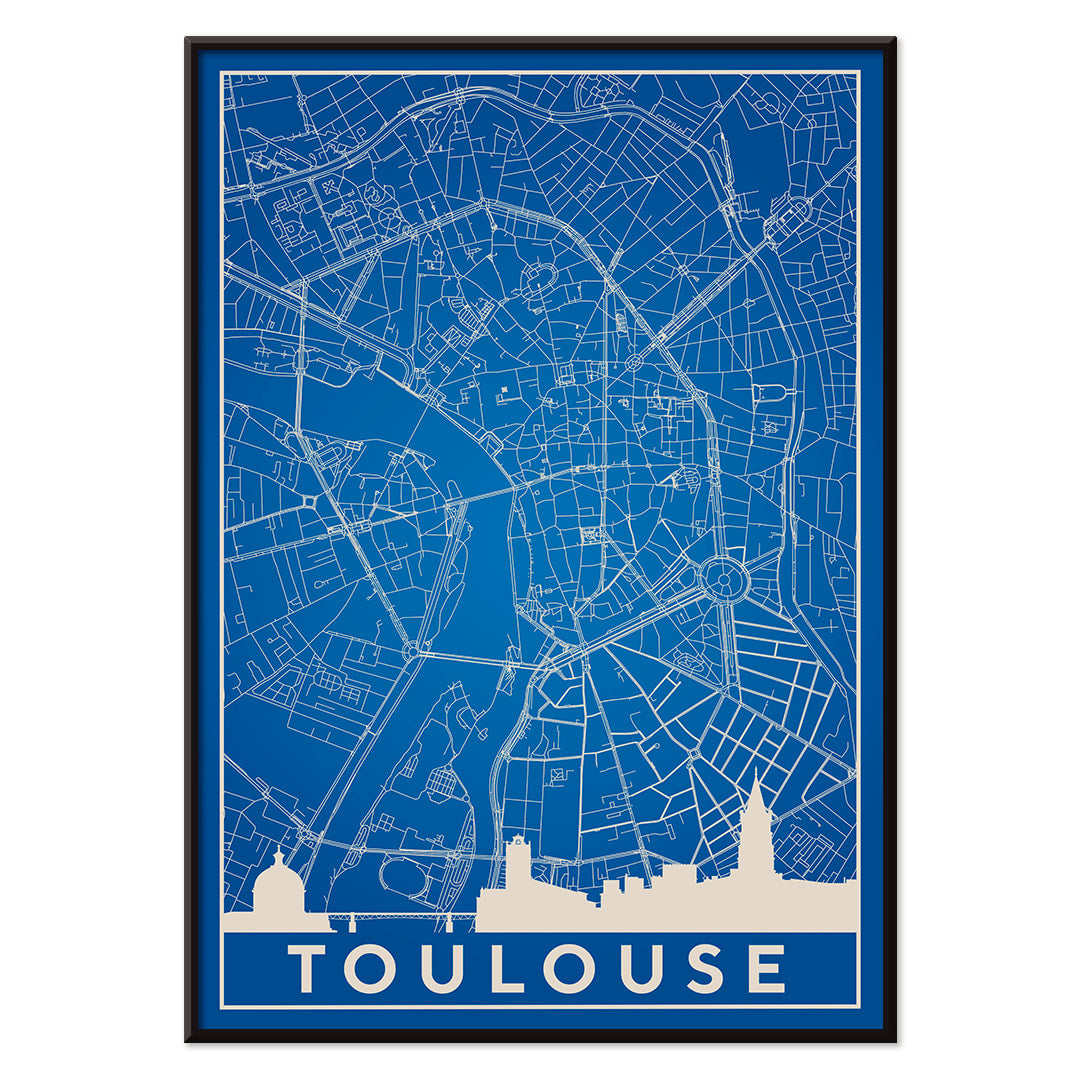Blue and white minimalist map of Toulouse poster with white building silhouettes at the bottom modern wall art titled Minimalist Toulouse Map, with black aluminium frame on white background