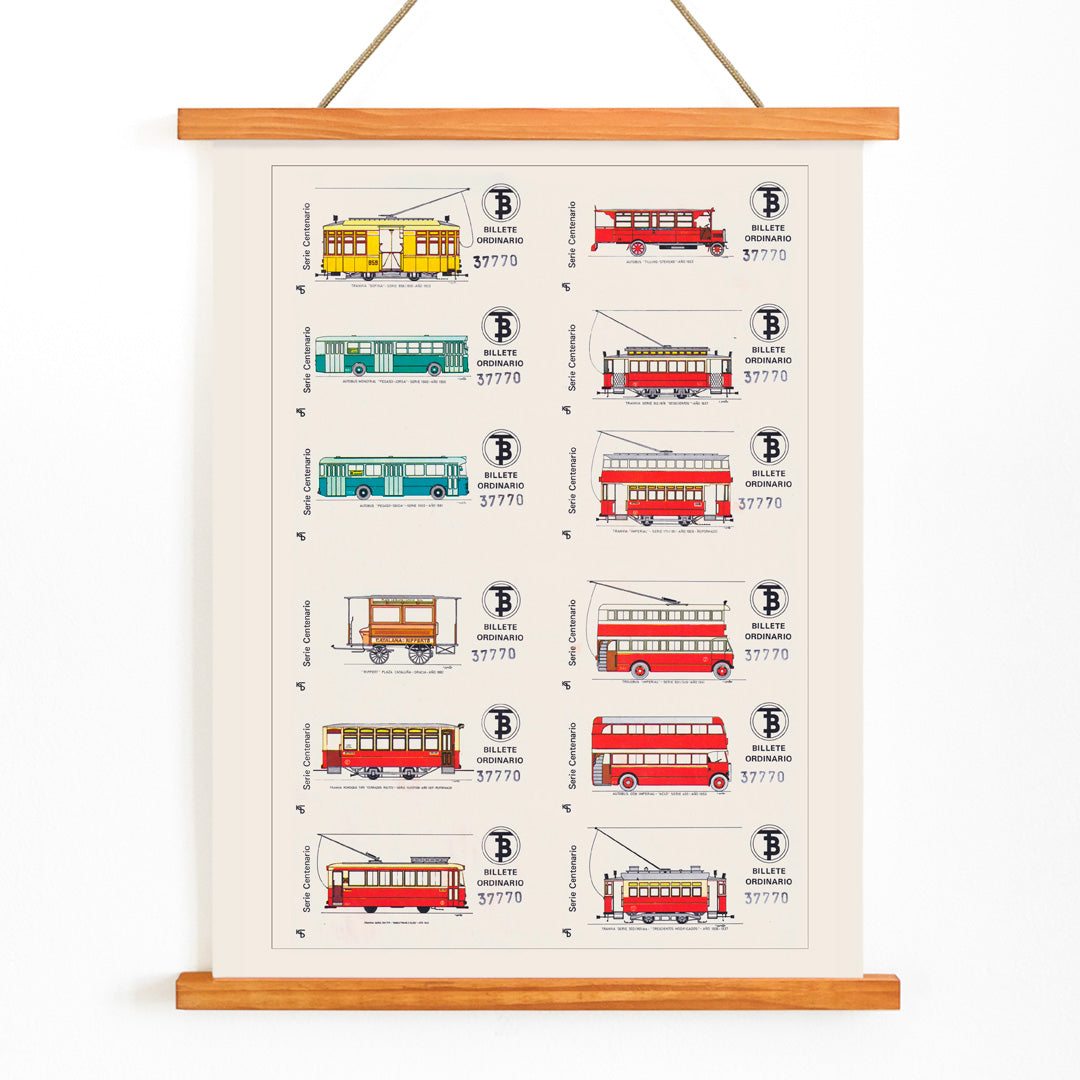 Vintage Barcelona bus and tram ticket illustrations poster Billetes Bus Barcelona artwork, with wooden magnetic frame on white background
