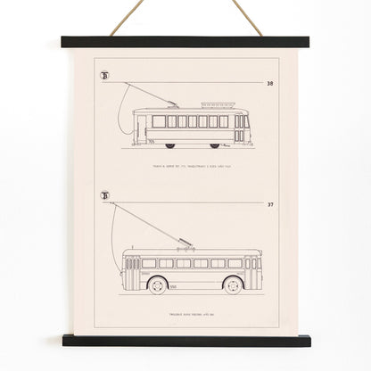 Technical drawings poster of tram Tranvia Serie 701 712 and trolleybus Trolebus Serie 550 589 by Maquitrans, with wooden magnetic frame on white background