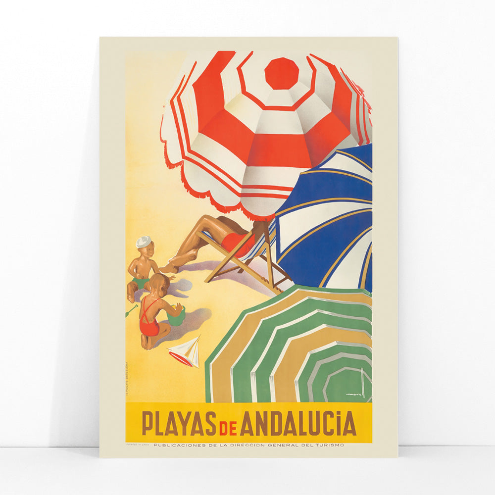 Vintage beach scene with colorful umbrellas children playing and sunbathers on sand Playas de Andalucia by Jose Morell tourism artwork, framed and displayed in modern living room decor