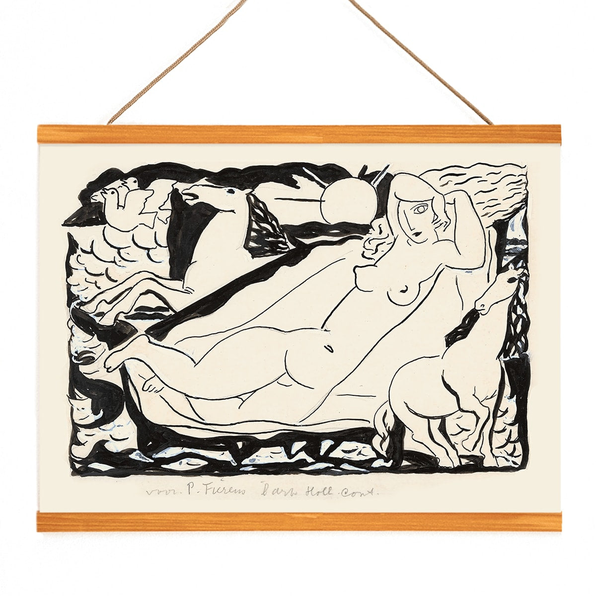 Venus Vignet by Leo Gestel reclining nude woman with horses in abstract black and white drawing poster, with wooden magnetic frame on white background
