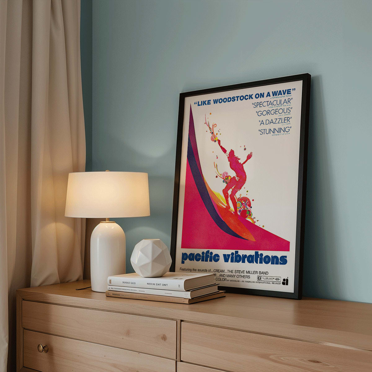 Pacific Vibrations surfing documentary poster by John Severson featuring colorful surfer illustrations and a surfer riding a wave, framed and displayed in home decor