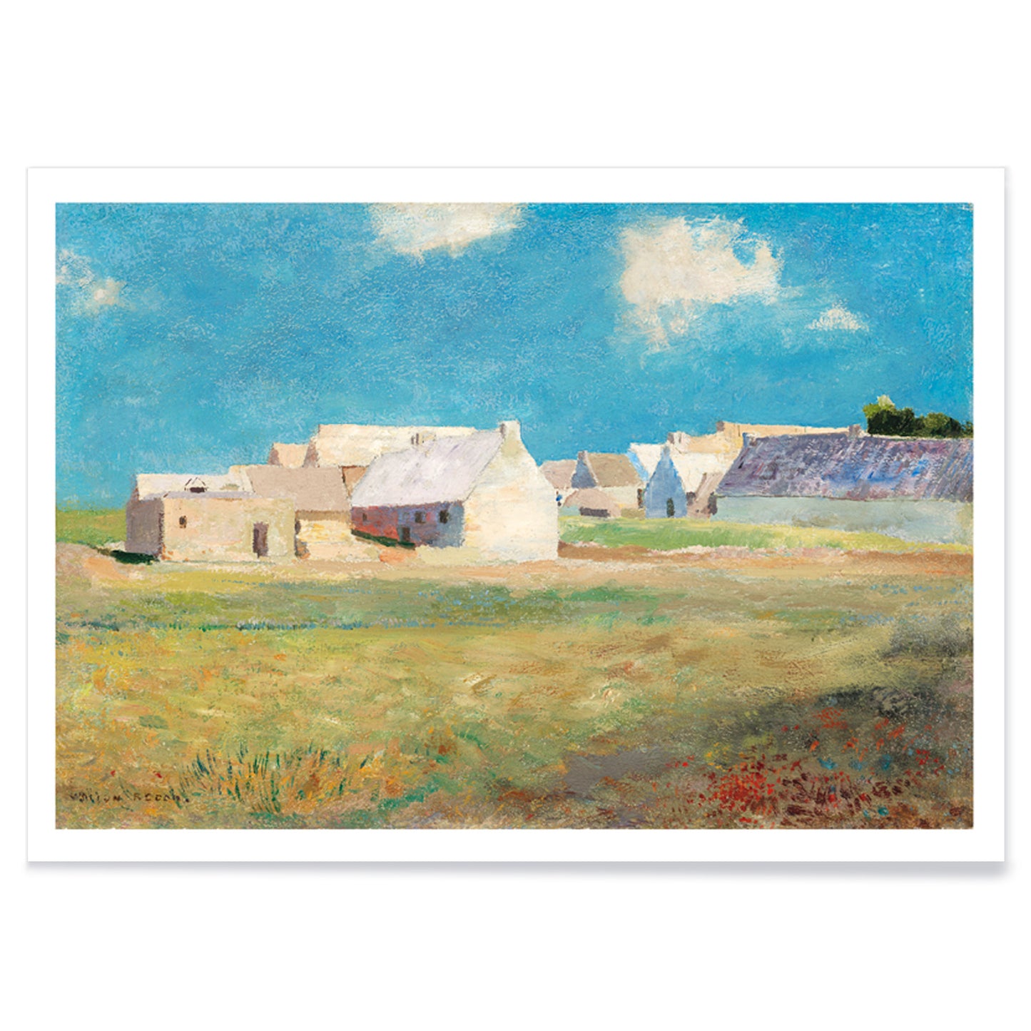Breton Village by Odilon Redon rural landscape poster with houses blue sky and open grassy fields, with black aluminium frame on white background
