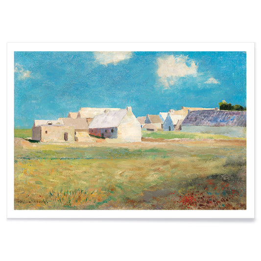 Breton Village by Odilon Redon rural landscape poster with houses blue sky and open grassy fields, with black aluminium frame on white background