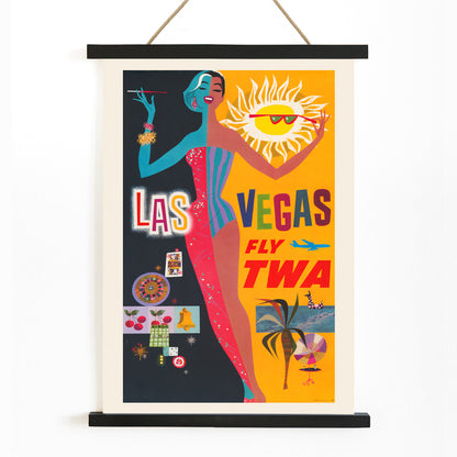 Colorful vintage Las Vegas travel poster by David Klein featuring showgirl stylish woman sun and casino imagery promoting Las Vegas fly TWA, with wooden magnetic frame on white background
