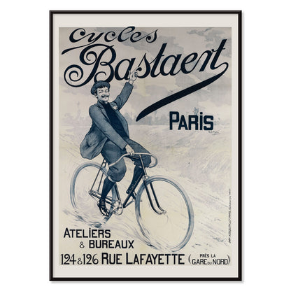 Vintage bicycle poster joyful man riding and waving on Cycles Bastaent Paris bike artwork by Charles Tichon, with black aluminium frame on white background