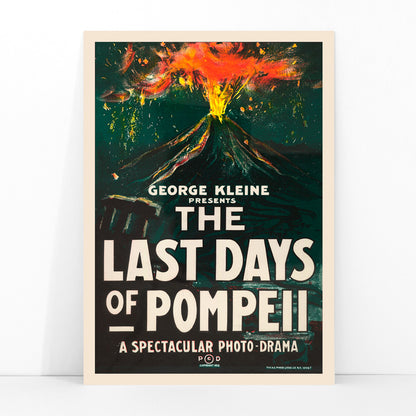 Dramatic volcanic eruption movie poster with bold text for The Last Days of Pompeii by H C Miner Litho Co, framed and displayed in modern living room decor