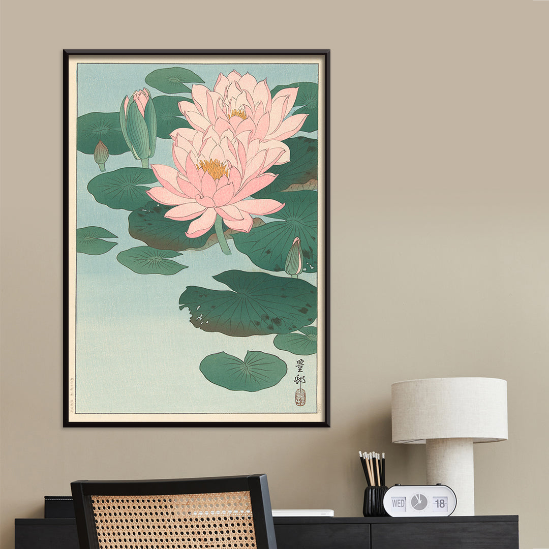 Poster of pink water lilies and green lily pads on calm pond from Flowering Water Lily by Ohara Koson, framed and displayed in home decor