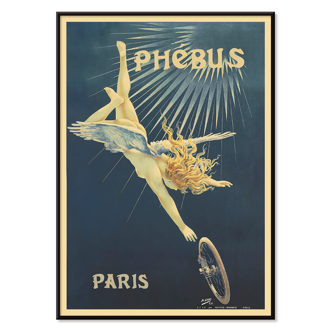Poster of a winged figure with golden hair falling toward a bicycle wheel in Phébus by Henri Boulanger Gray, with black aluminium frame on white background