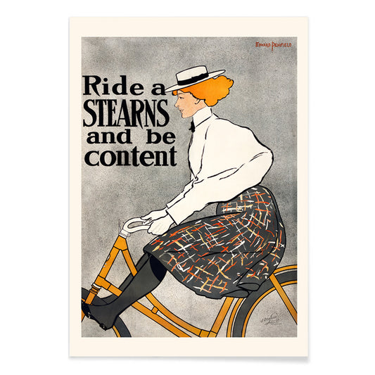 Vintage poster of a woman riding a bicycle with the text Ride a Stearns and be content by Edward Penfield artwork, with black aluminium frame on white background