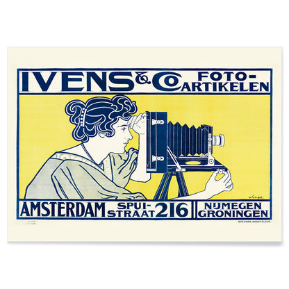 Art nouveau poster of woman using vintage camera at Ivens and Co Camera Shop by Johann Georg van Caspel, with black aluminium frame on white background
